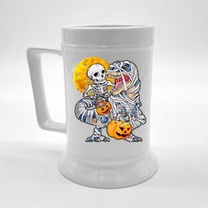 Skeleton Riding Mummy Dinosaur T Rex Halloween Funny Pumpkin Beer Stein