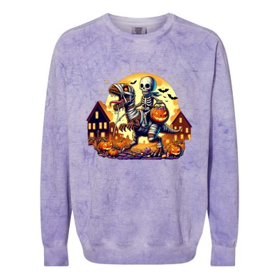 Skeleton Riding Mummy Dinosaur T Rex Halloween Funny Pumpkin Colorblast Crewneck Sweatshirt