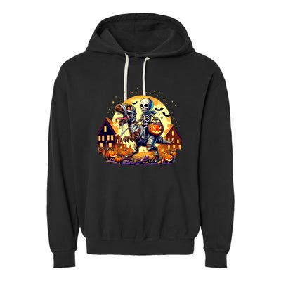 Skeleton Riding Mummy Dinosaur T Rex Halloween Funny Pumpkin Garment-Dyed Fleece Hoodie