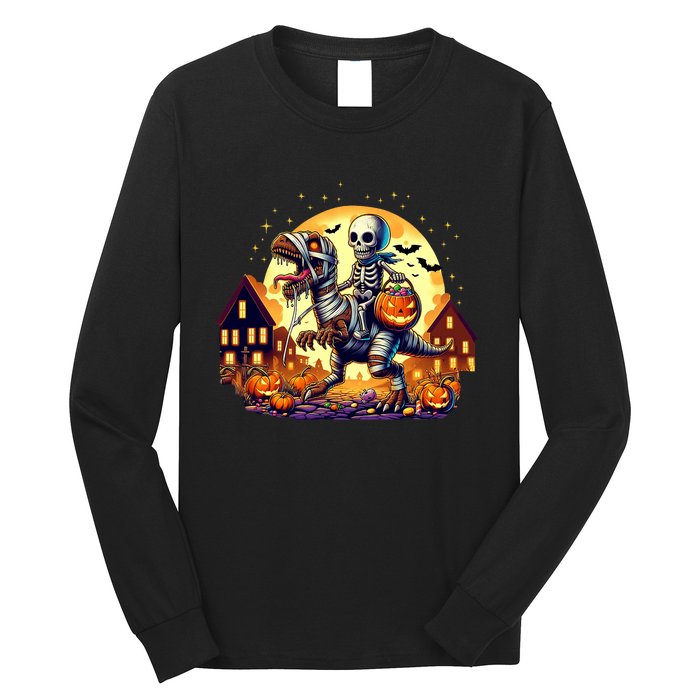 Skeleton Riding Mummy Dinosaur T Rex Halloween Funny Pumpkin Long Sleeve Shirt