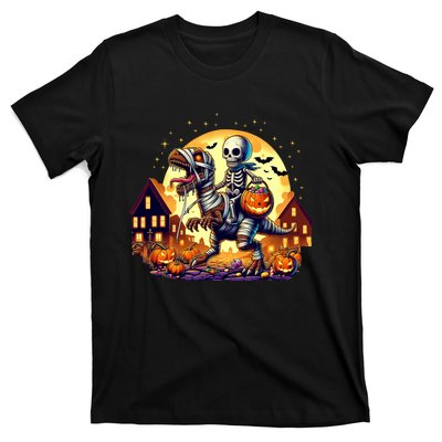 Skeleton Riding Mummy Dinosaur T Rex Halloween Funny Pumpkin T-Shirt