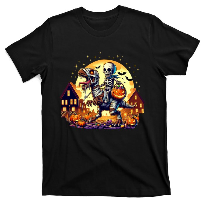 Skeleton Riding Mummy Dinosaur T Rex Halloween Funny Pumpkin T-Shirt