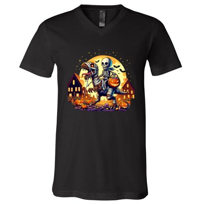 Skeleton Riding Mummy Dinosaur T Rex Halloween Funny Pumpkin V-Neck T-Shirt