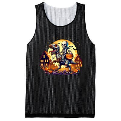 Skeleton Riding Mummy Dinosaur T Rex Halloween Funny Pumpkin Mesh Reversible Basketball Jersey Tank