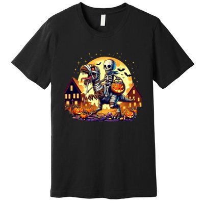 Skeleton Riding Mummy Dinosaur T Rex Halloween Funny Pumpkin Premium T-Shirt