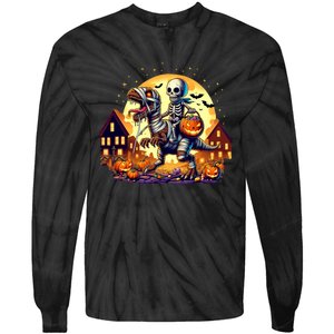 Skeleton Riding Mummy Dinosaur T Rex Halloween Funny Pumpkin Tie-Dye Long Sleeve Shirt