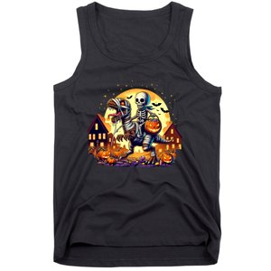 Skeleton Riding Mummy Dinosaur T Rex Halloween Funny Pumpkin Tank Top