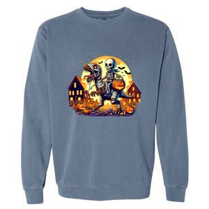 Skeleton Riding Mummy Dinosaur T Rex Halloween Funny Pumpkin Garment-Dyed Sweatshirt