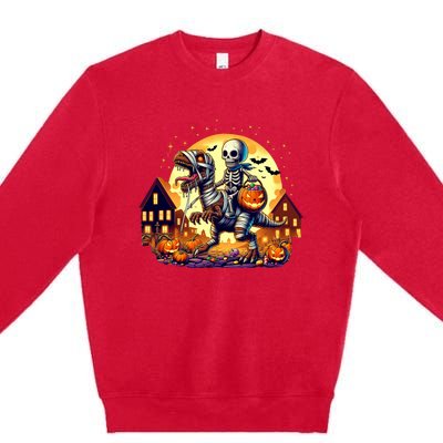 Skeleton Riding Mummy Dinosaur T Rex Halloween Funny Pumpkin Premium Crewneck Sweatshirt