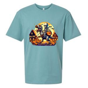 Skeleton Riding Mummy Dinosaur T Rex Halloween Funny Pumpkin Sueded Cloud Jersey T-Shirt