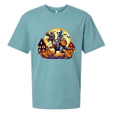 Skeleton Riding Mummy Dinosaur T Rex Halloween Funny Pumpkin Sueded Cloud Jersey T-Shirt