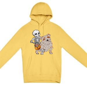 Skeleton Riding Mummy English Bulldog Dog Halloween Pumpkin Premium Pullover Hoodie