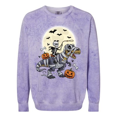 Skeleton Riding Mummy Dinosaur T Rex Halloween Funny Pumpkin Gift Colorblast Crewneck Sweatshirt