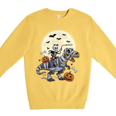 Skeleton Riding Mummy Dinosaur T Rex Halloween Funny Pumpkin Gift Premium Crewneck Sweatshirt