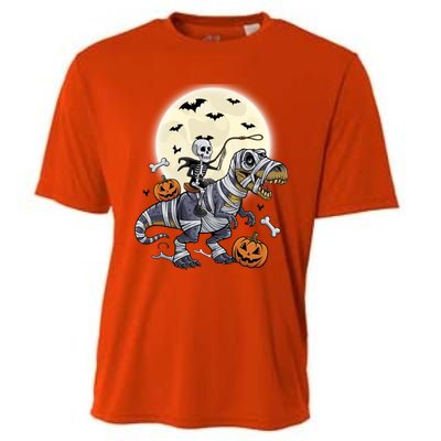 Skeleton Riding Mummy Dinosaur T Rex Halloween Funny Pumpkin Gift Cooling Performance Crew T-Shirt