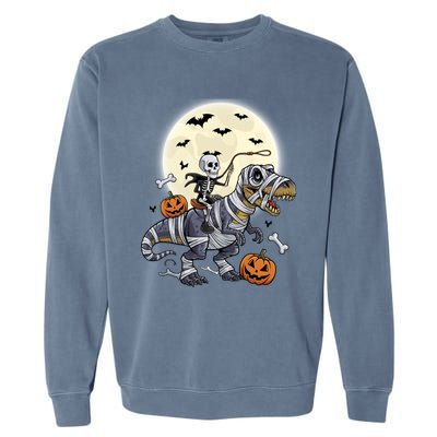 Skeleton Riding Mummy Dinosaur T Rex Halloween Funny Pumpkin Gift Garment-Dyed Sweatshirt