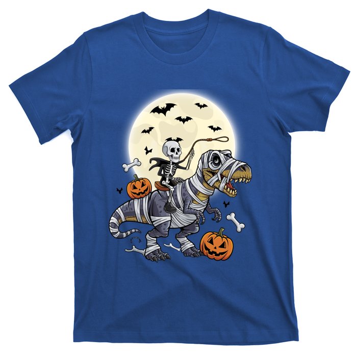 Skeleton Riding Mummy Dinosaur T Rex Halloween Funny Pumpkin Gift T-Shirt