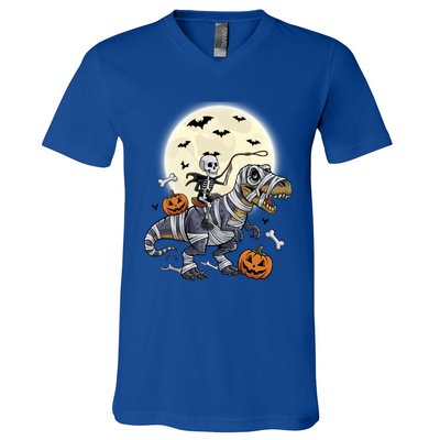 Skeleton Riding Mummy Dinosaur T Rex Halloween Funny Pumpkin Gift V-Neck T-Shirt