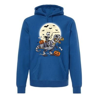 Skeleton Riding Mummy Dinosaur T Rex Halloween Funny Pumpkin Gift Premium Hoodie