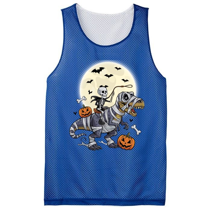 Skeleton Riding Mummy Dinosaur T Rex Halloween Funny Pumpkin Gift Mesh Reversible Basketball Jersey Tank