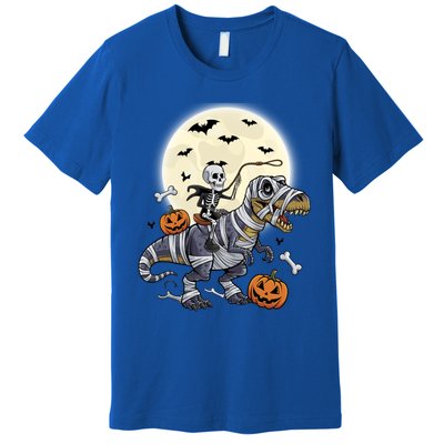 Skeleton Riding Mummy Dinosaur T Rex Halloween Funny Pumpkin Gift Premium T-Shirt