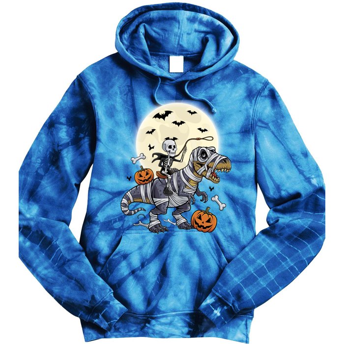 Skeleton Riding Mummy Dinosaur T Rex Halloween Funny Pumpkin Gift Tie Dye Hoodie