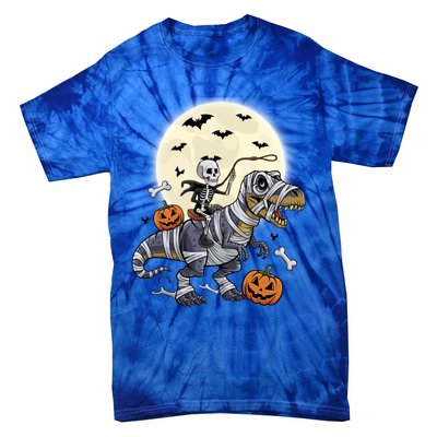 Skeleton Riding Mummy Dinosaur T Rex Halloween Funny Pumpkin Gift Tie-Dye T-Shirt