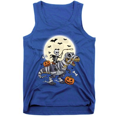 Skeleton Riding Mummy Dinosaur T Rex Halloween Funny Pumpkin Gift Tank Top