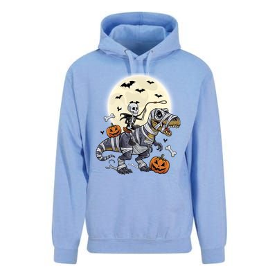 Skeleton Riding Mummy Dinosaur T Rex Halloween Funny Pumpkin Gift Unisex Surf Hoodie