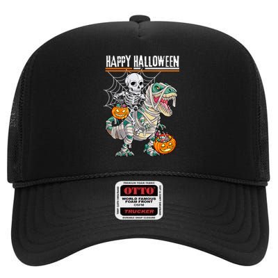 Skeleton Riding Mummy Dinosaur T Rex Halloween Funny Pumpkin High Crown Mesh Back Trucker Hat