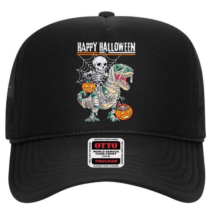 Skeleton Riding Mummy Dinosaur T Rex Halloween Funny Pumpkin High Crown Mesh Back Trucker Hat