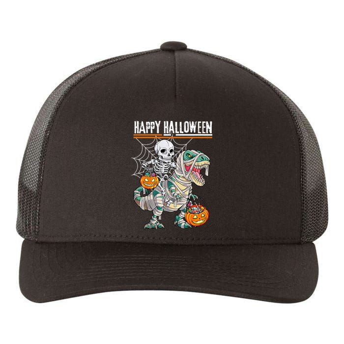 Skeleton Riding Mummy Dinosaur T Rex Halloween Funny Pumpkin Yupoong Adult 5-Panel Trucker Hat