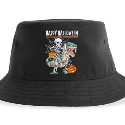 Skeleton Riding Mummy Dinosaur T Rex Halloween Funny Pumpkin Sustainable Bucket Hat