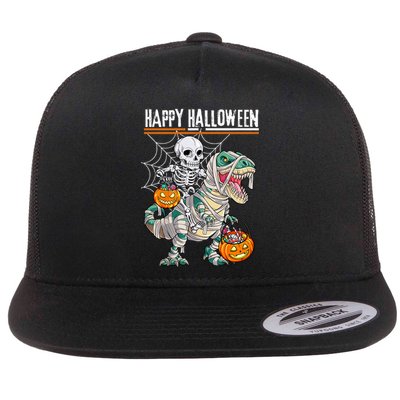 Skeleton Riding Mummy Dinosaur T Rex Halloween Funny Pumpkin Flat Bill Trucker Hat