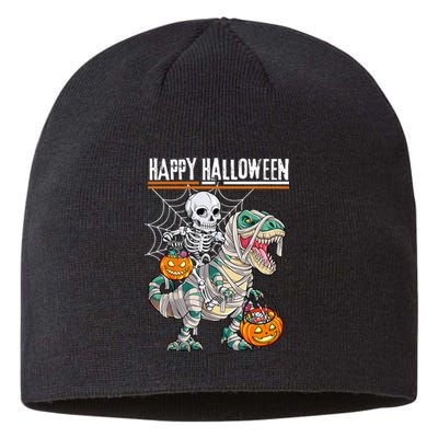 Skeleton Riding Mummy Dinosaur T Rex Halloween Funny Pumpkin Sustainable Beanie