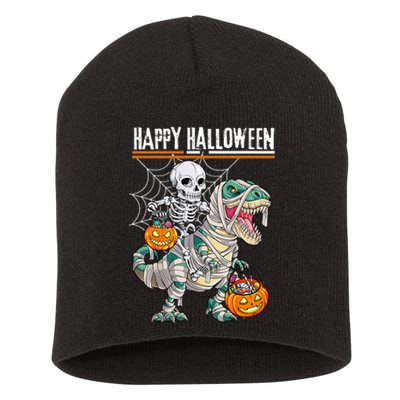 Skeleton Riding Mummy Dinosaur T Rex Halloween Funny Pumpkin Short Acrylic Beanie