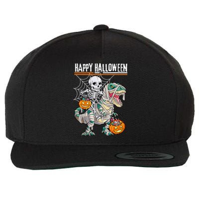 Skeleton Riding Mummy Dinosaur T Rex Halloween Funny Pumpkin Wool Snapback Cap