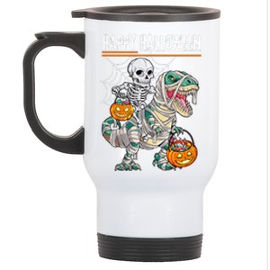 Skeleton Riding Mummy Dinosaur T Rex Halloween Funny Pumpkin Stainless Steel Travel Mug