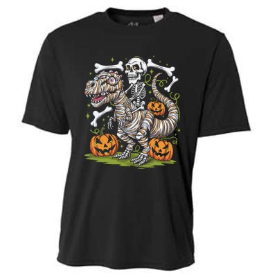 Skeleton Riding Mummy Dinosaur T Rex Halloween Cooling Performance Crew T-Shirt