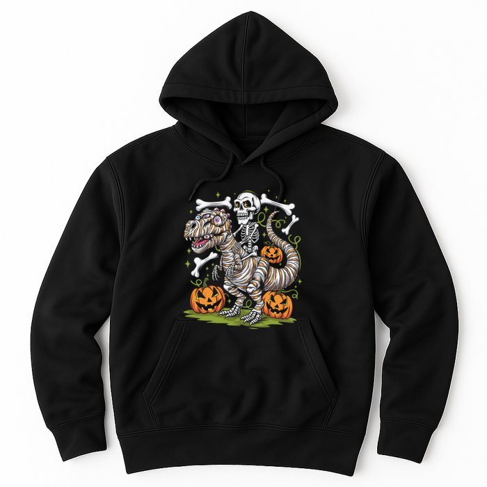 Skeleton Riding Mummy Dinosaur T Rex Halloween Hoodie