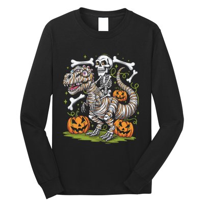 Skeleton Riding Mummy Dinosaur T Rex Halloween Long Sleeve Shirt