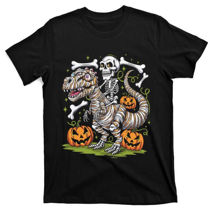 Skeleton Riding Mummy Dinosaur T Rex Halloween T-Shirt