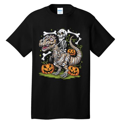 Skeleton Riding Mummy Dinosaur T Rex Halloween Tall T-Shirt