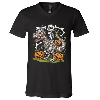 Skeleton Riding Mummy Dinosaur T Rex Halloween V-Neck T-Shirt