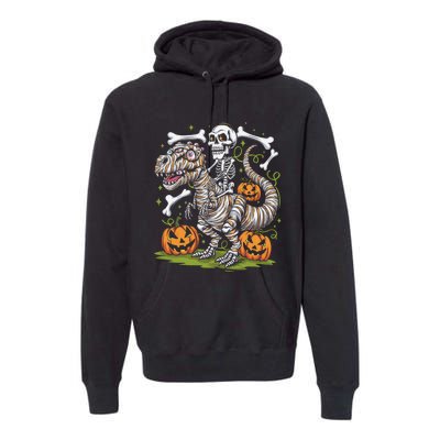 Skeleton Riding Mummy Dinosaur T Rex Halloween Premium Hoodie