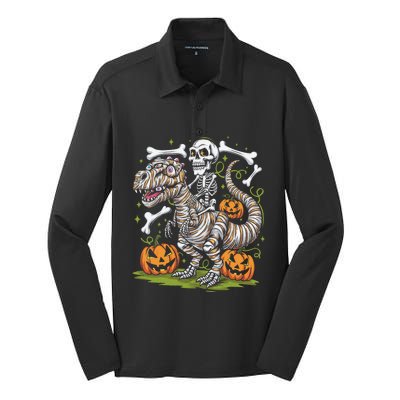 Skeleton Riding Mummy Dinosaur T Rex Halloween Silk Touch Performance Long Sleeve Polo