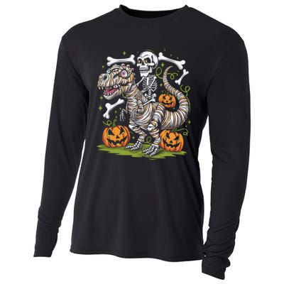 Skeleton Riding Mummy Dinosaur T Rex Halloween Cooling Performance Long Sleeve Crew