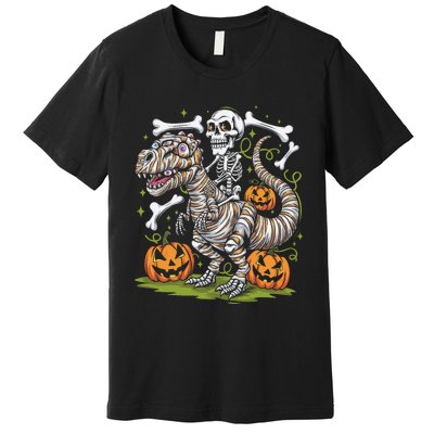 Skeleton Riding Mummy Dinosaur T Rex Halloween Premium T-Shirt