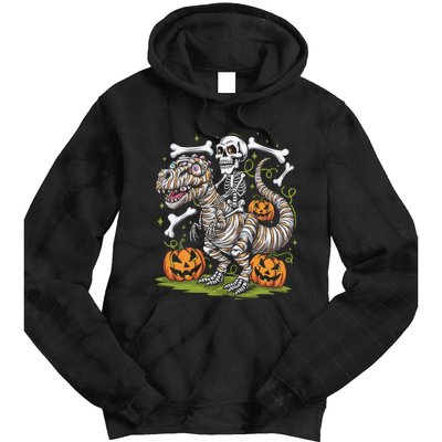 Skeleton Riding Mummy Dinosaur T Rex Halloween Tie Dye Hoodie