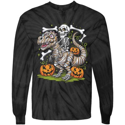 Skeleton Riding Mummy Dinosaur T Rex Halloween Tie-Dye Long Sleeve Shirt